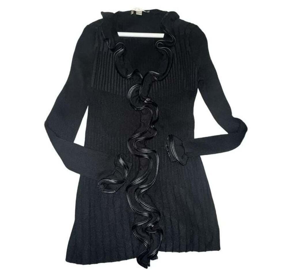 Boston Proper Black Ribbed Long Sleeve Dress Faux Leather Ruffle Trim Size L